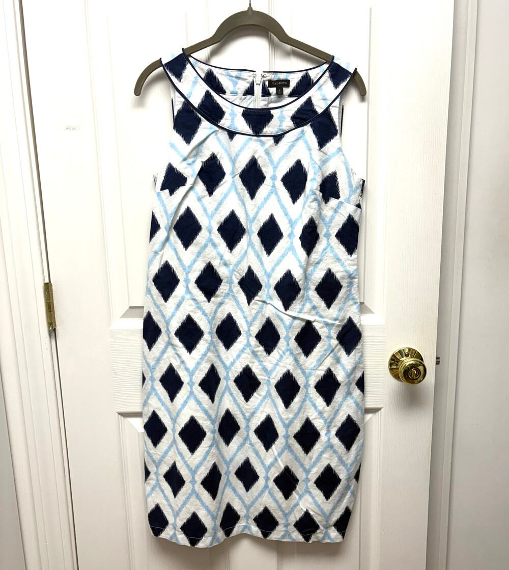 Talbots Dress Linen Blend Lined Sleeveless Sheath, White Navy, Women's Size 4